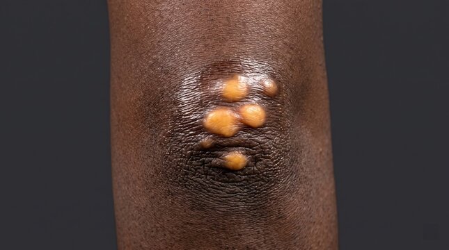 Yellowish nodules and plaques of eruptive xanthoma or pustular psoriasis on the elbow of a dark-skinned patient.