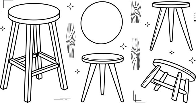 Wooden Stool Furniture Vector Element Set Featuring High Barstool Three Legged Tripod Seats Top View Circle and Timber Textures Line Art