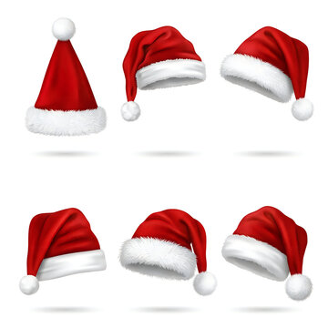 Realistic red Santa hats with white fur collection
