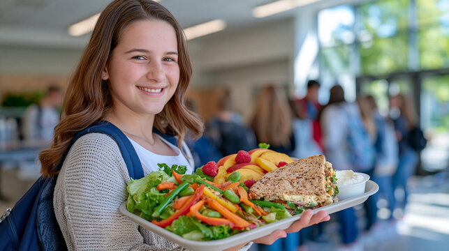 Cropped view from behind of an elementary school student carrying a healthy lunch tray toward the cafeteria checkout area, colorful balanced meal with vegetables, fruit, whole grain sandwich and yog