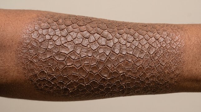 Macro texture of severe ichthyosis vulgaris showing cracked polygonal scales on the dark skin of an arm or leg.