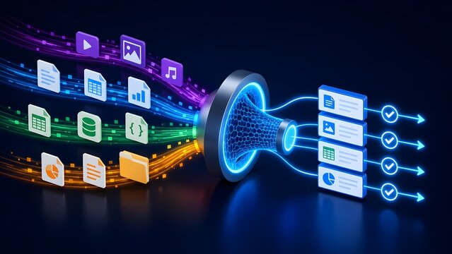 Colorful digital interface icons funneling through network node into verified list representing automated data processing