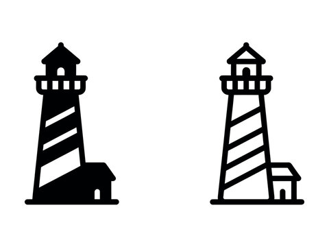 Two lighthouse icons featuring a solid silhouette and a linear outline design style isolated on white
