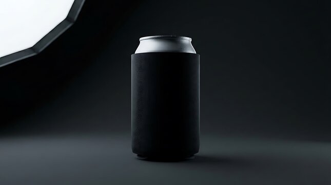 Aluminum beer or soda drink can inside a black neoprene foam cooler sleeve on a dark moody background. koozie mockup