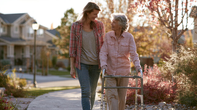 adult daughter walking beside her elderly mother using a walker in a peaceful neighborhood, genuine family support