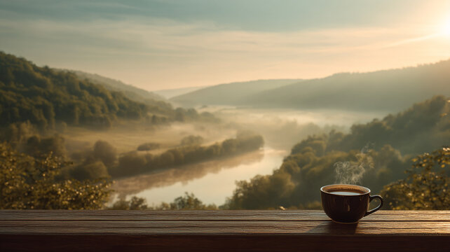 sunrise landscape with a green valley and river, soft golden light and morning mist, minimal clean composition, a cup of hot coffee with visible steam placed on a wooden railing in the foreground