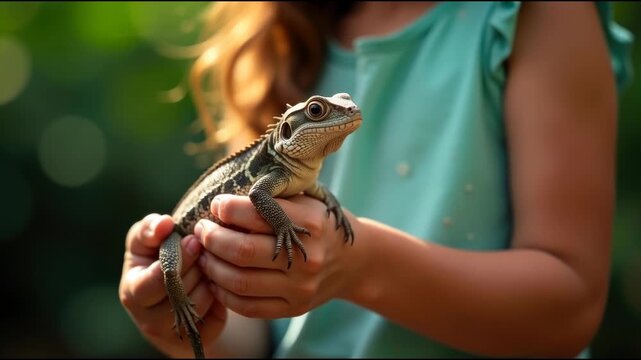 A young girl holds a lizard in her hands, a curious and unexpected scene