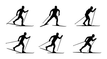 Naklejka premium Cross-Country Skiing Silhouettes: Dynamic Motion Sequence Vector Set, Winter Sport Action Poses, Outdoor Recreation Graphics