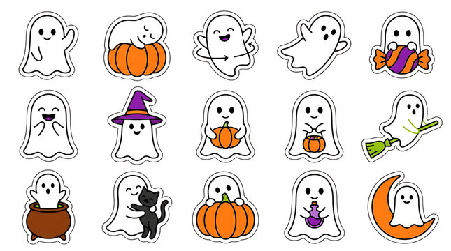 Ghost stickers set on with stickers halloween collection cauldron isolated illustration on transparent background