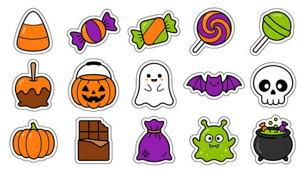 Fototapeta premium Halloween stickers collection featuring candy pumpkin ghost bat skull on, halloween, lollipop on transparent background