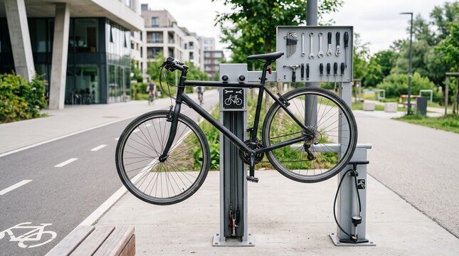 Black bicycle mounted on a public repair station with hanging tools and air pump next to urban street and cycle path bike station bike maintenance tools rack eco friendly