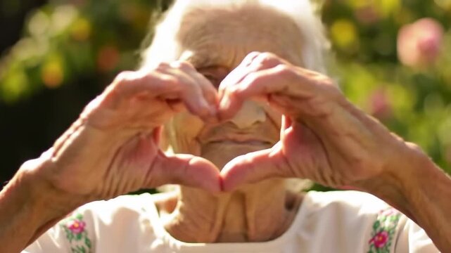Elderly woman showing heart shape with hands in garden. Senior grandmother making love gesture with wrinkled hands among greenery and flowers. Grandparents day, love and care concept