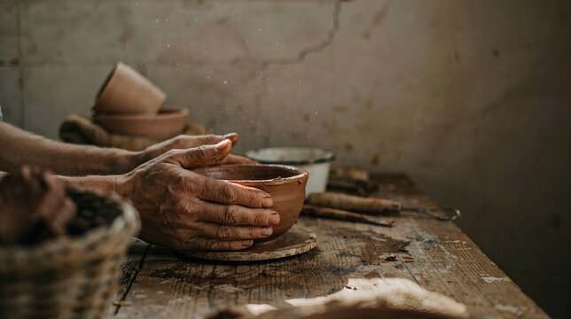 potter hands shaping clay bowl on wooden wheel artisan handmade