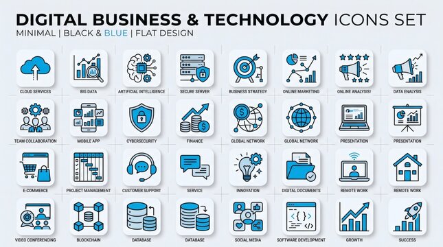 Digital Business and Technology Icons Set Minimal Black and Blue Flat Design