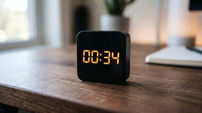 Modern black digital clock displaying 00 34 on a wooden desk with a notebook and plant in the background