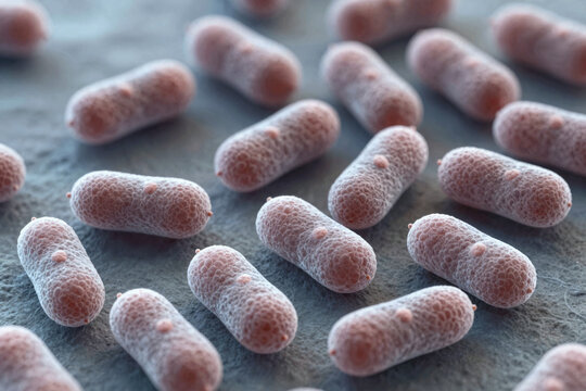 Close-up view of bacterial cells on a textured surface under microscope