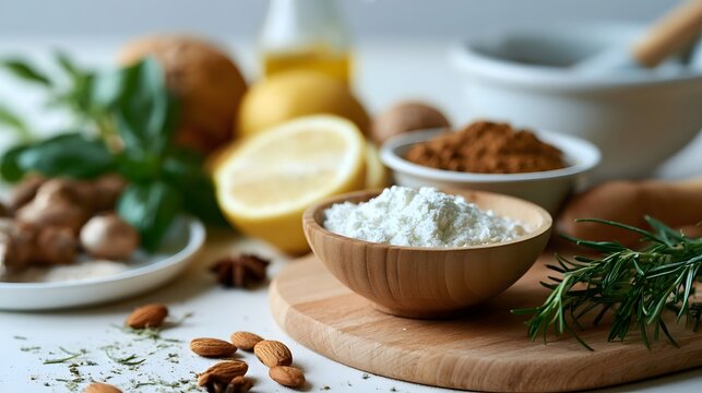 Fresh culinary ingredients including herbs  spices  nuts  and powders arranged on a wooden board for cooking or baking