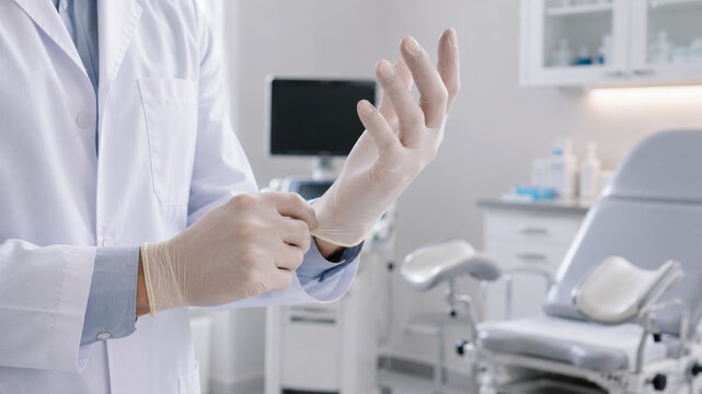 Doctor putting on latex glove in gynecology clinic. Male physician preparing for medical examination in modern office with gynecological chair and ultrasound machine. Women health checkup concept.