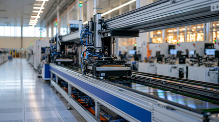 Fototapeta premium Wide angle view of an overhead wafer transport network crossing a pristine semiconductor fabrication facility, multiple automated carriers moving along elevated tracks, bright clean room lighting co