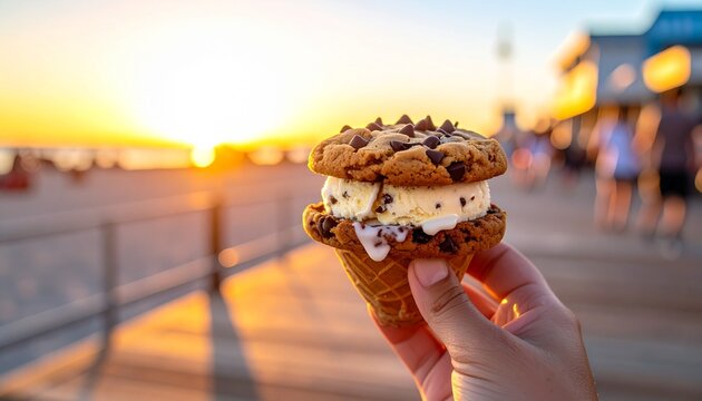 Delicious ice cream sandwich on the beach at sunset.