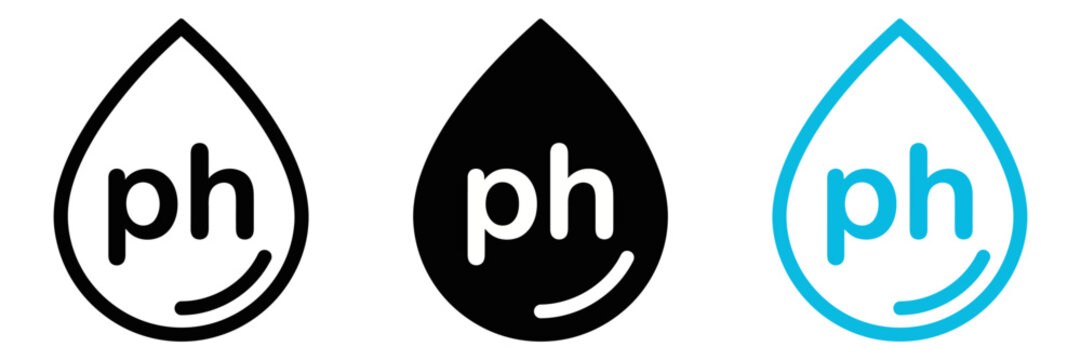 Minimalist pH level water drop icons, set of 3 acidity and alkalinity symbols, liquid balance indicators for science and skincare