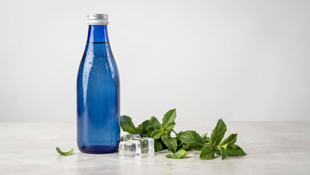 Fresh mint leaves with ice cubes beside a blue glass bottle on a light surface