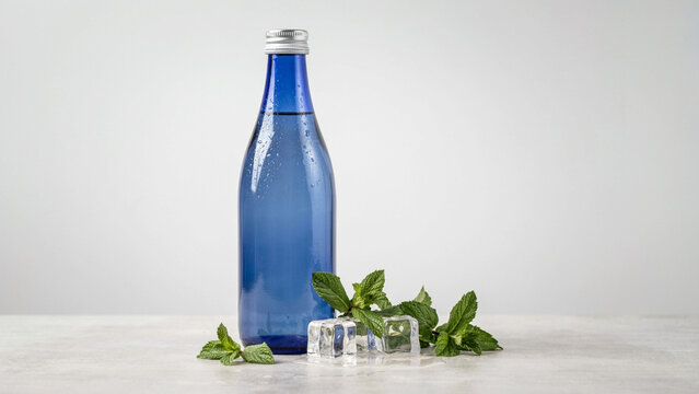 Fresh mint leaves with ice cubes beside a blue glass bottle on a light surface