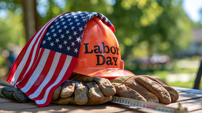Close up Labor Day composition featuring an orange hard hat with an American flag draped across the side, worn leather work gloves and a steel tape measure on a wooden surface, rich red white and bl