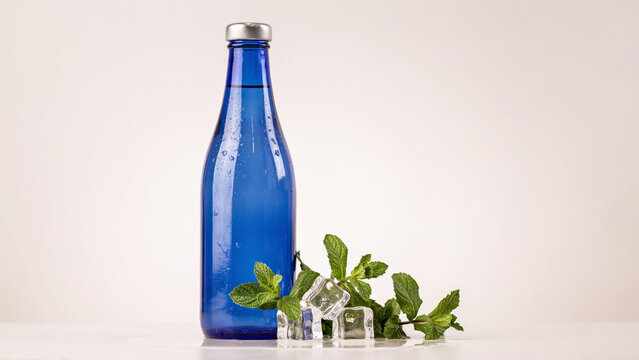 Fresh mint leaves with ice cubes beside a blue glass bottle on transparent background