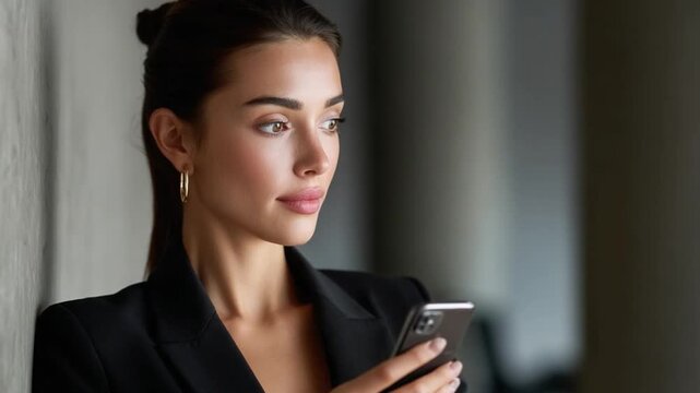 Elegant Professional with Smartphone: A sophisticated businesswoman in a sharp black blazer looks thoughtfully into the distance while holding her smartphone, exuding confidence and modern style.