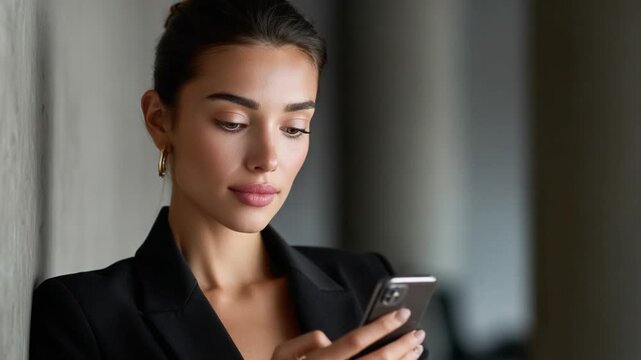 Elegant Professional on Call: A sophisticated woman in a sharp black blazer leans against a wall, engrossed in a mobile phone call, her expression conveying focus and engagement.