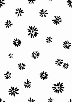 Tiny black daisy-like flowers scattered across a clean white background in a repeating pattern