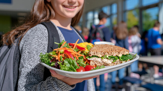 Cropped view from behind of an elementary school student carrying a healthy lunch tray toward the cafeteria checkout area, colorful balanced meal with vegetables, fruit, whole grain sandwich and yog