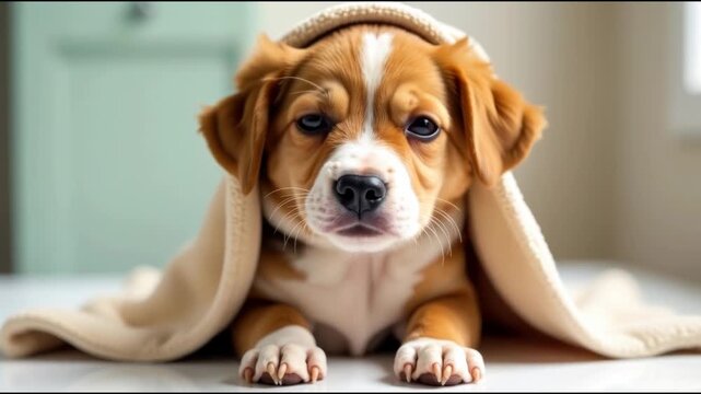 A brown and white puppy snuggled up under a cozy blanket