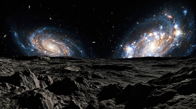 Cratered planetary crust showing two massive spiral galaxies, pristine natural universe demonstrating deep silence, outer space astrophysics explaining empty fermi paradox with astrobiology.