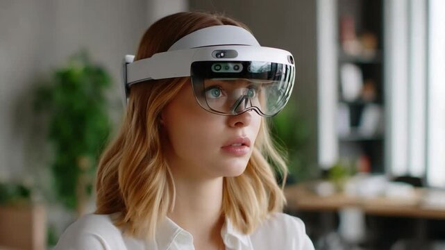 Future Vision: A young woman, engrossed and amazed, wears a futuristic augmented reality headset, peering into a world of digital possibilities and technological advancement.