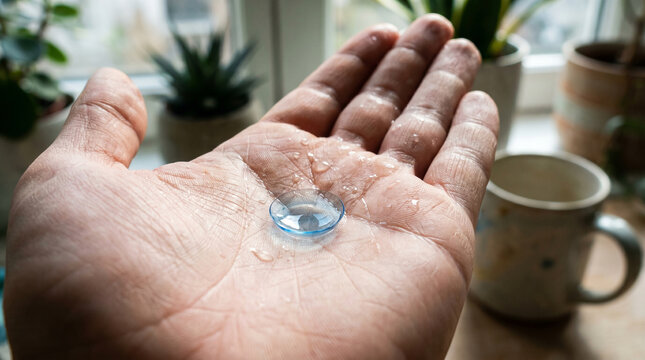 Contact Lens Floating in Water Droplets on Open Palm, Ready for Use