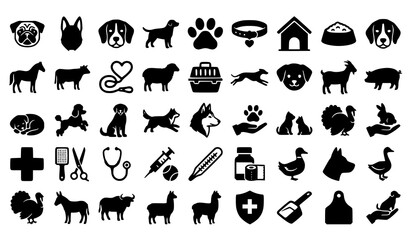 Naklejka premium Domestic and Farm Animal Silhouette Icons with Veterinary Care Symbols Vector Collection
