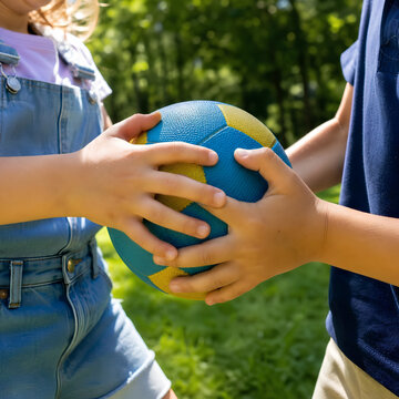 Due bambini giocano con la palla al parco