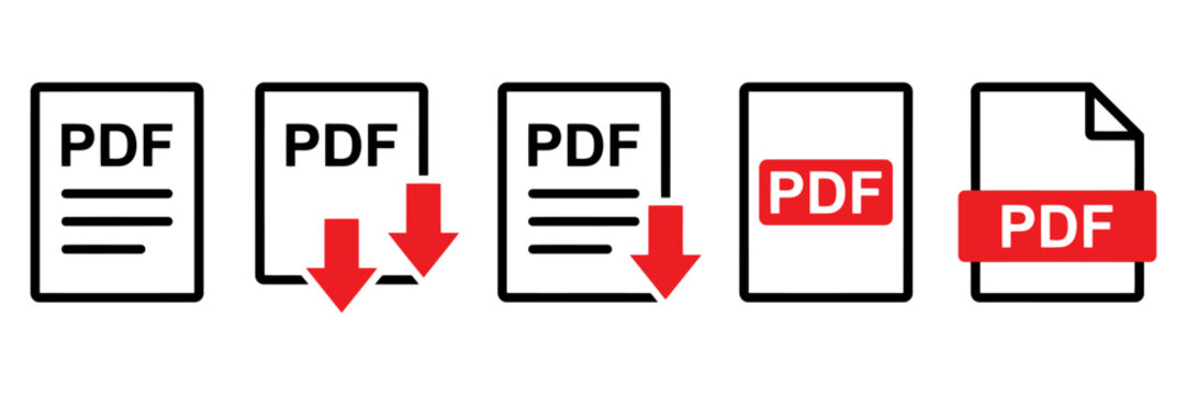 Minimalist PDF file icons set, document download vector symbols, digital file format signs for web and interface design