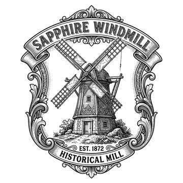 Vintage engraving style logo of a historical windmill with ornate decorative frame.
