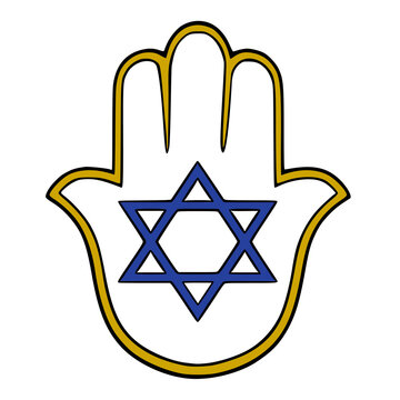 Hamsa hand vector illustration with blue Star of David symbol, isolated religious icon