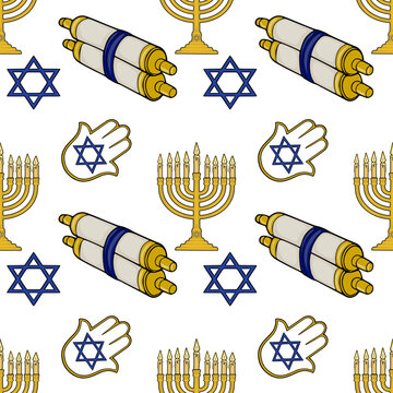 Sukkot seamless pattern vector with Torah scrolls menorah and Star of David
