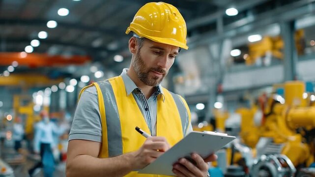 Industrial Inspection: A focused male worker wearing a yellow hard hat and hi-vis vest diligently inspects a manufacturing facility, clipboard in hand.