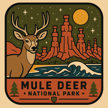 Vintage style national park badge illustration featuring a mule deer buck with antlers and red rock canyons.
