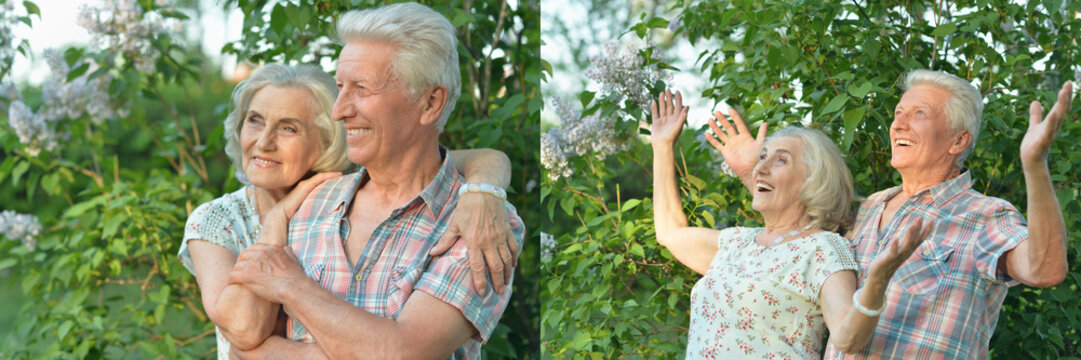 Happy Senior Couple Hugging and Smiling Outdoors in Green Garden
