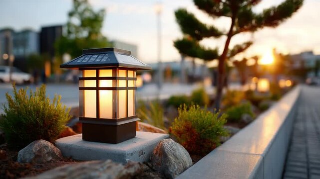 Solar Powered Lamp on a Pathway at Sunset: A modern solar-powered garden lamp illuminates a pathway lined with greenery and rocks, with the warm glow of the sunset in the background.