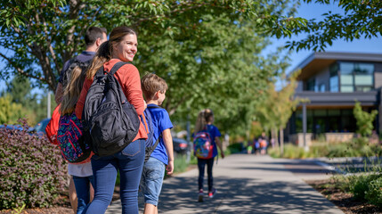 Fototapeta premium Rear view of parents and children crossing a quiet residential street at a marked pedestrian crossing on the way to school, colorful backpacks, leafy trees and bright sidewalks surrounding the scene
