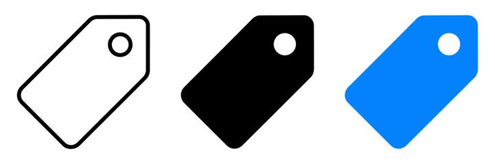 Minimalist price tag icon set, 3 retail label vectors in outline, solid black and blue styles, shopping discount symbols © mdHittu