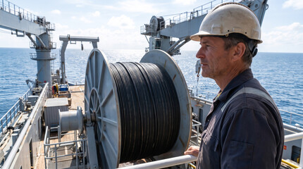 Fototapeta premium Experienced Sailor in Hard Hat on Deck with Large Cable Spool